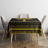 Black Egyptian hieroglyph tablecloth with gold center ankh and repeating row border