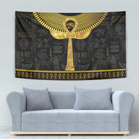 Black Egyptian tapestry with large golden ankh staff, winged headdress, and gold stripe border