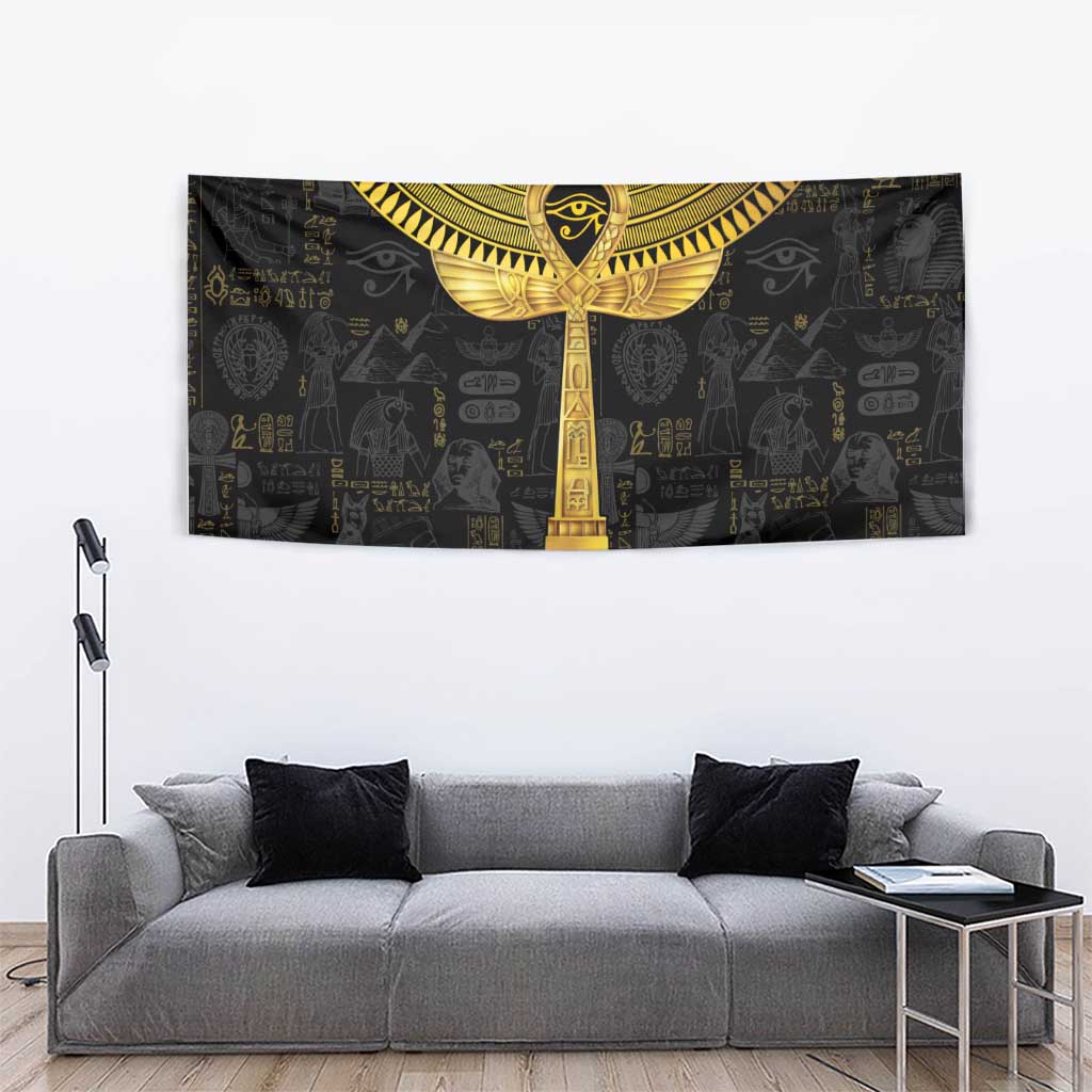Black and gold Egyptian ankh tapestry, winged top drape, ornate bottom border