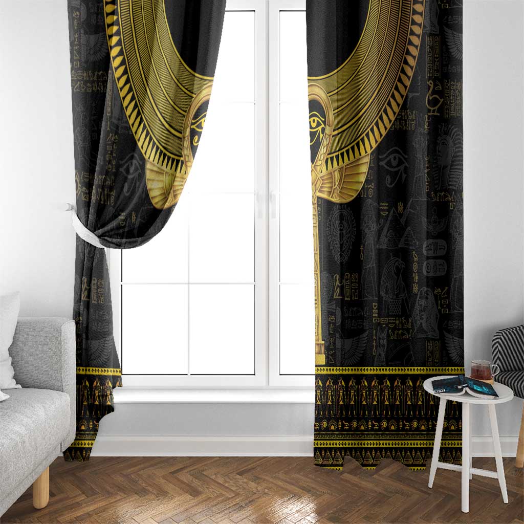 Pair of black window curtains with gold Ankh details and hieroglyph border at the hem