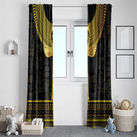 Black window curtain pair with gold Ankh motif and patterned Egyptian symbols along bottom