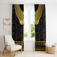 Black window curtain panels with gold Ankh center design and repeating hieroglyph print
