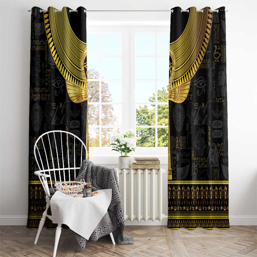 Black window curtains with gold Ankh arch pattern and Egyptian hieroglyph border
