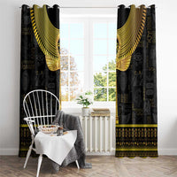 Black window curtains with gold Ankh arch pattern and Egyptian hieroglyph border