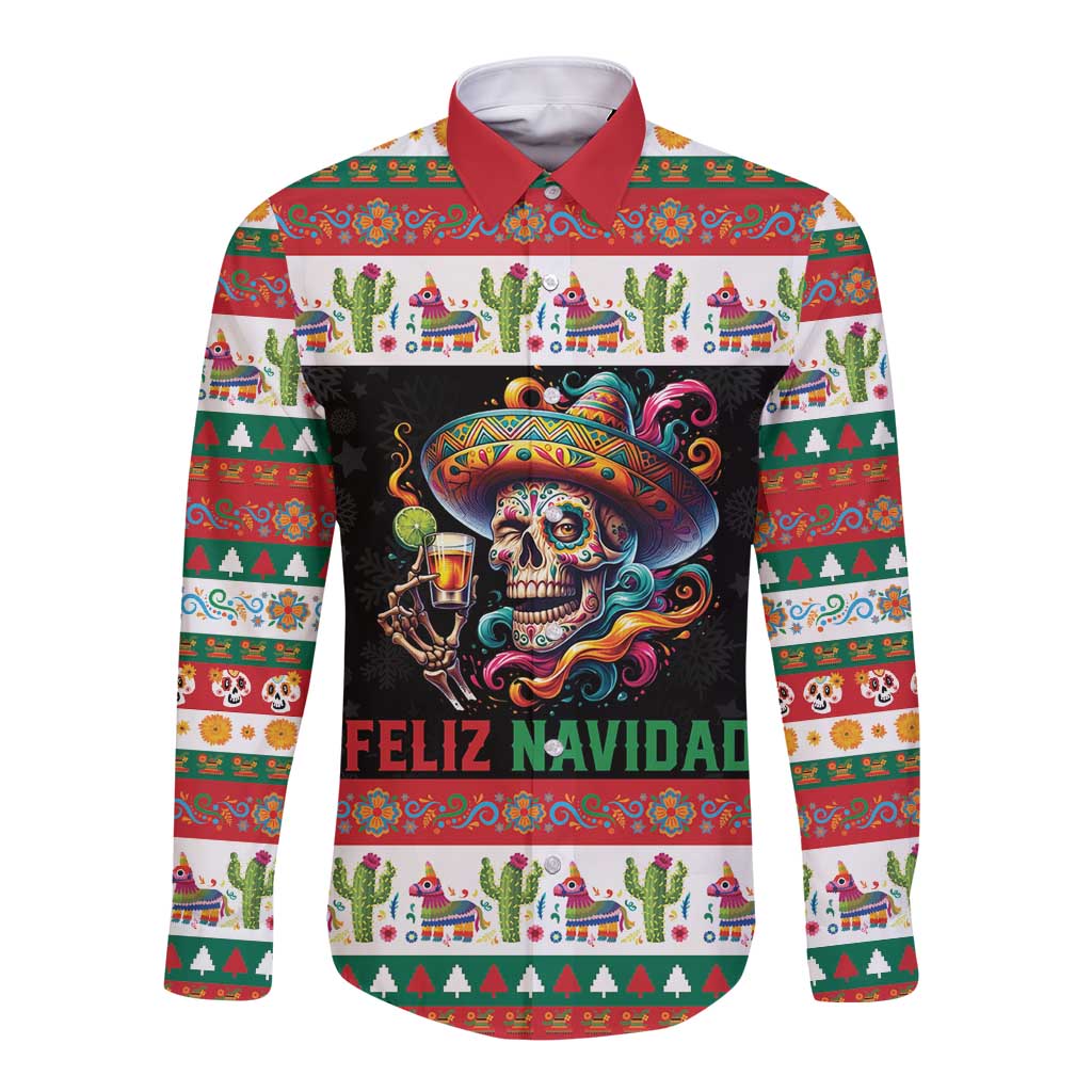 Mexican Sugar Skull Long Sleeve Button Shirt Feliz Navidad Mexico - Wonder Print Shop