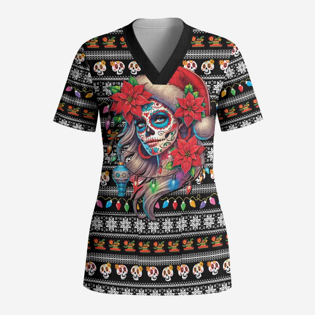 Mexican Sugar Skull Lady Christmas Scrub Top Feliz Navidad Mexico - Wonder Print Shop