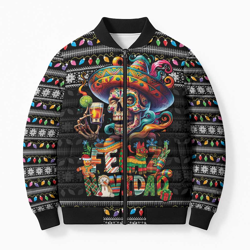 Mexican Sugar Skull Spanish Christmas Bomber Puffer Jacket Feliz Navidad Mexico - Wonder Print Shop