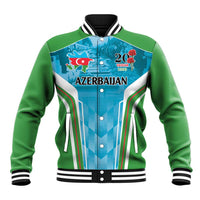 Green-and-blue baseball jacket with snap buttons, striped rib collar, front graphic.