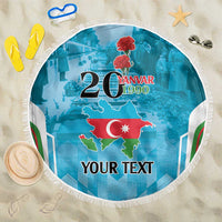 Round blue beach blanket with white fringe, Azerbaijani flag map and 'YOUR TEXT'