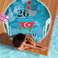Round blue beach blanket with white fringe, Azerbaijani flag map, 'YOUR TEXT'