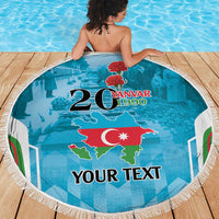 Round blue beach blanket with white fringe, Azerbaijani flag map and 'YOUR TEXT'