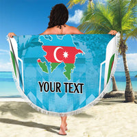 Round blue beach blanket with white fringe, Azerbaijani flag map and 'YOUR TEXT'