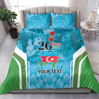 Blue bedding set with duvet and two pillow shams, Azerbaijan map and custom text