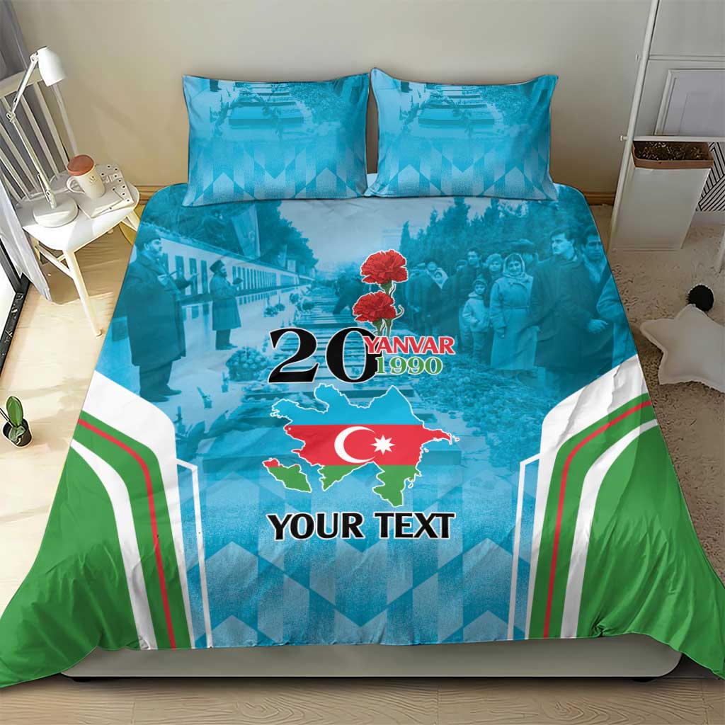 Blue bedding set with duvet and two pillow shams, Azerbaijan map and custom text