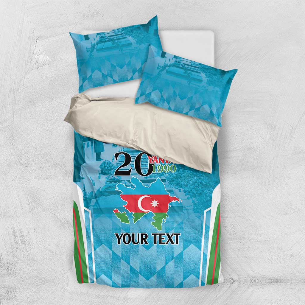 Blue duvet with two pillow shams, Azerbaijan map print and custom text
