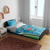 Blue duvet and pillow shams with 20 Yanvar 1990, Azerbaijan map, and custom text