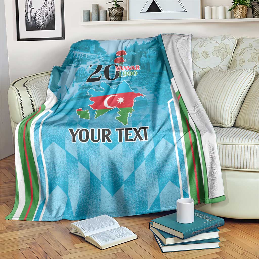 Personalized blue throw blanket with map and 20 Yanvar 1990 graphic, green and red stripes