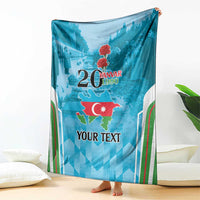 Personalized blue blanket with map of Azerbaijan, 20 Yanvar 1990 text and green red trim