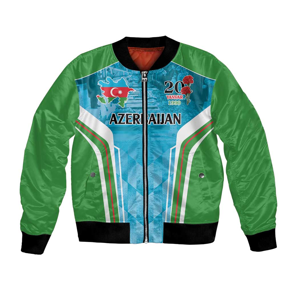 Green bomber jacket with blue graphic panel, front zipper, and black ribbed cuffs and hem