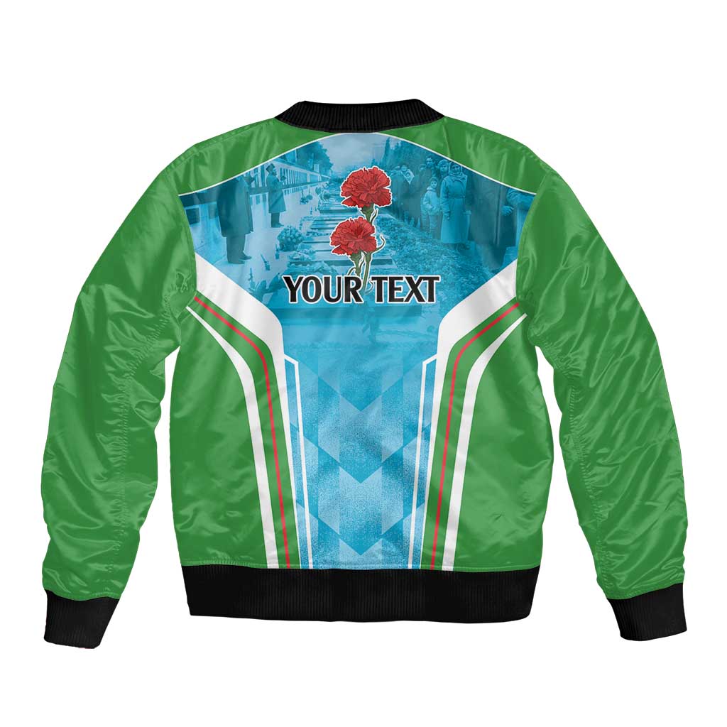 Green bomber jacket with blue back graphic, YOUR TEXT area, black ribbed collar and hem
