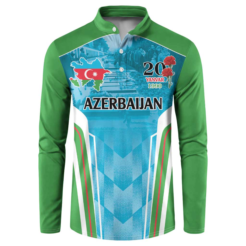 Green button-up sweatshirt with blue Azerbaijan graphic panel and striped sides