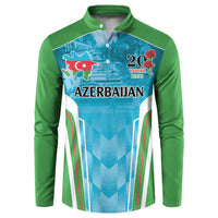 Green button-up sweatshirt with blue Azerbaijan graphic panel and striped sides