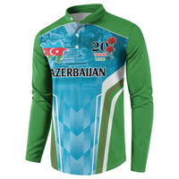 Green button-up sweatshirt with blue Azerbaijan graphic and red-white-green stripe accents