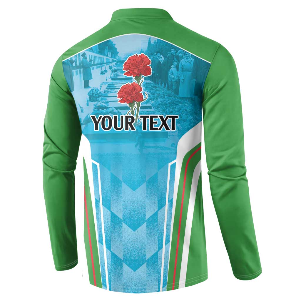 Green button-up sweatshirt back with blue "YOUR TEXT" graphic and striped sides