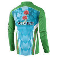 Green button-up sweatshirt back with blue "YOUR TEXT" graphic and striped sides