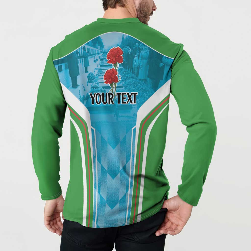 Green button-up sweatshirt back on model with blue "YOUR TEXT" graphic and stripes