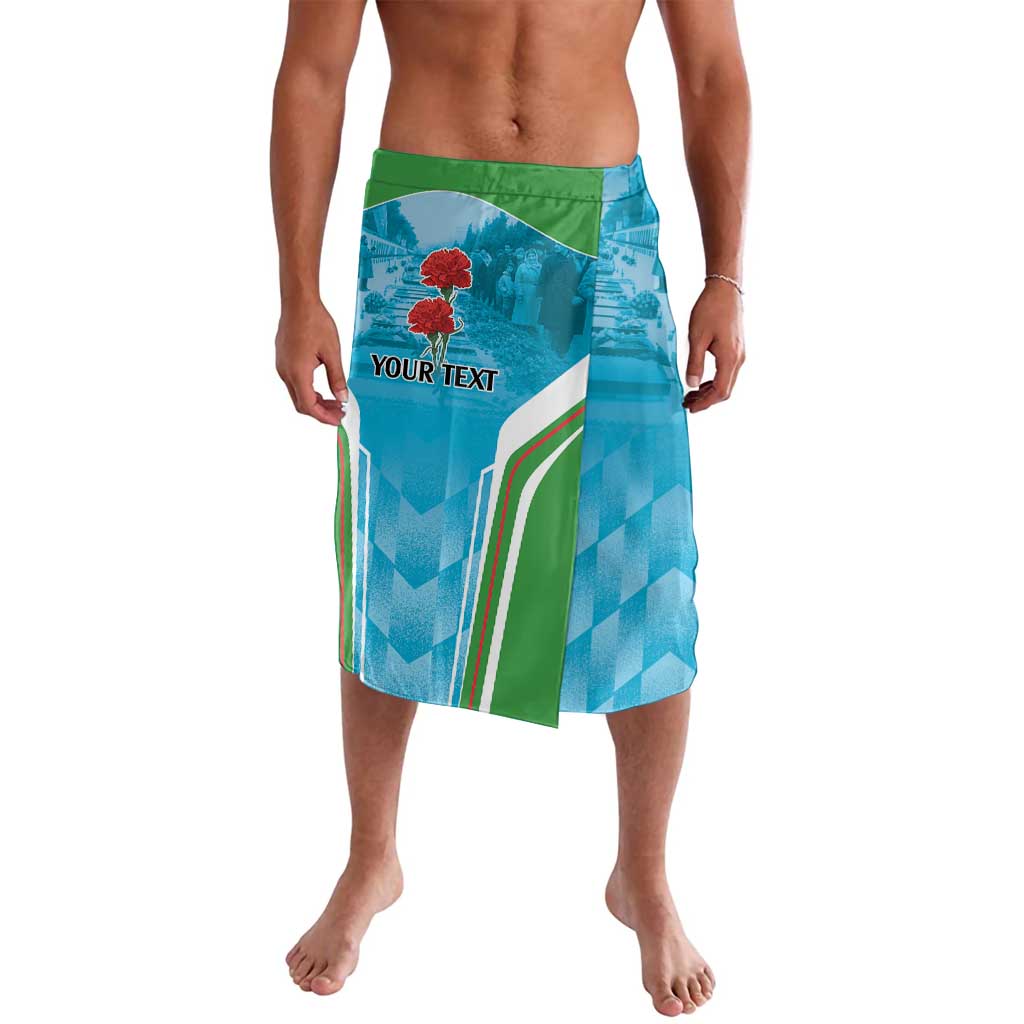 Blue graphic personalized wrap lavalava skirt with green waistband and 'YOUR TEXT'
