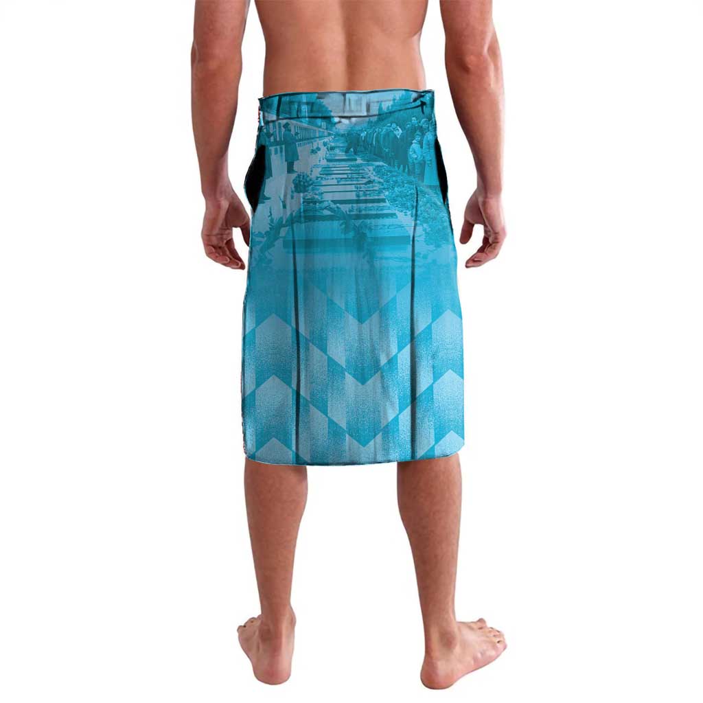 Blue graphic lavalava skirt with green waistband, full back view, no front text