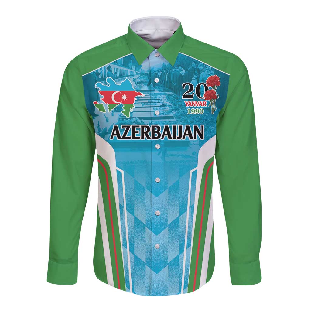 Personalized Azerbaijan Black January Long Sleeve Button Shirt 20 Yanvar 1990 - Wonder Print Shop