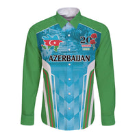 Green long-sleeve button shirt with front graphic and Azerbaijan text panel