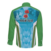 Green long-sleeve button shirt with back graphic and YOUR TEXT placement