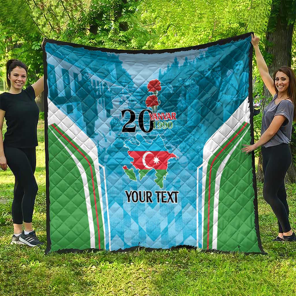 Large blue quilt showing green-white side stripes, “20 Yanvar 1990”, Azerbaijan map, Your Text