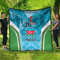 Large blue quilt showing green-white side stripes, “20 Yanvar 1990”, Azerbaijan map, Your Text