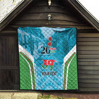 Blue quilt hung on wall with green-white stripes, “20 Yanvar 1990”, Azerbaijan map, Your Text