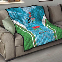 Blue quilt on sofa with green-white curved stripes, “20 Yanvar 1990” and Azerbaijan map, Your Text
