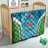 Blue quilt in crib with green-white side stripes, “20 Yanvar 1990”, Azerbaijan map, Your Text