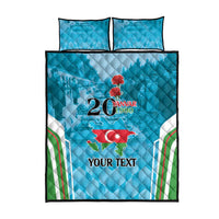 Blue quilt bed set with 2 pillow shams and centered Azerbaijan map; 'YOUR TEXT' and 20