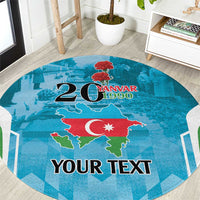 Round blue printed carpet with map, red emblem, and “YOUR TEXT” banner