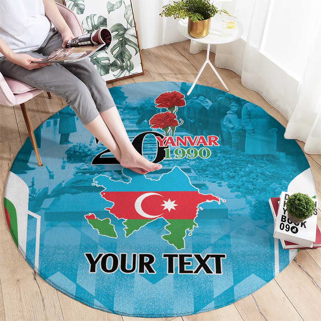 Round blue area carpet with “YANVAR 1990,” map graphics, and “YOUR TEXT”