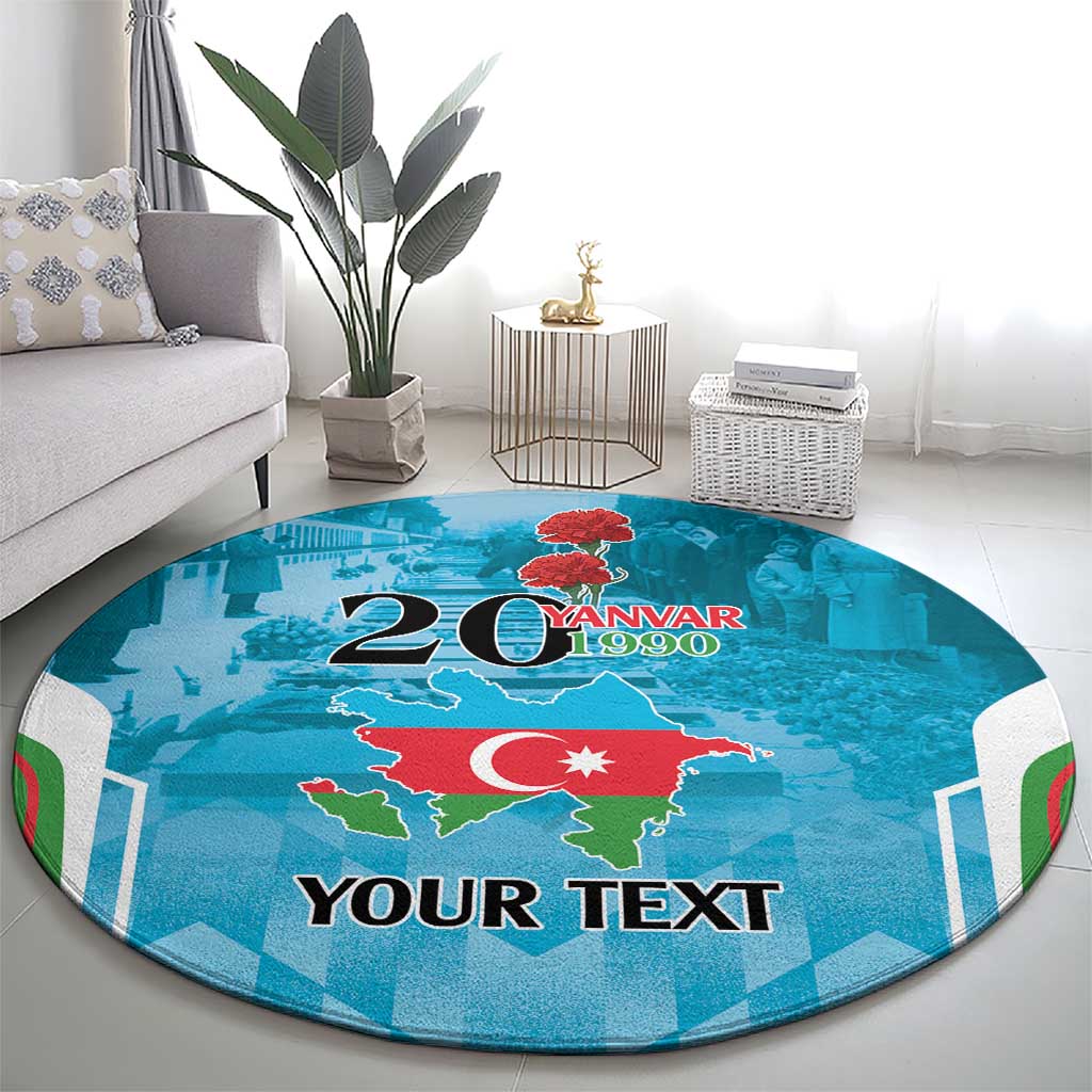 Round blue carpet featuring “20,” “YANVAR 1990,” map, and “YOUR TEXT”