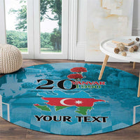 Round blue printed carpet with map, red emblem, and “YOUR TEXT” on the center