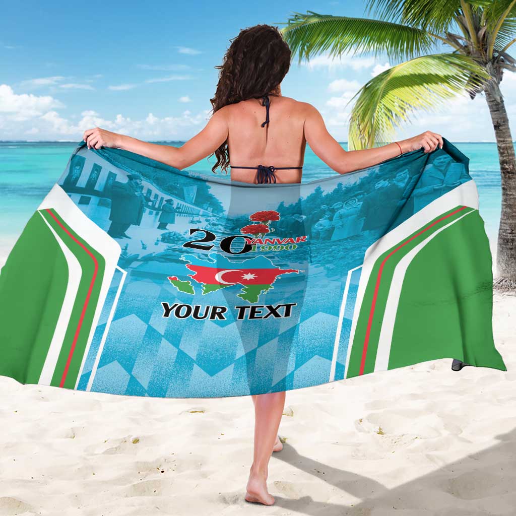 Personalized Azerbaijan sarong with blue-green print, red "20" and "YOUR TEXT"