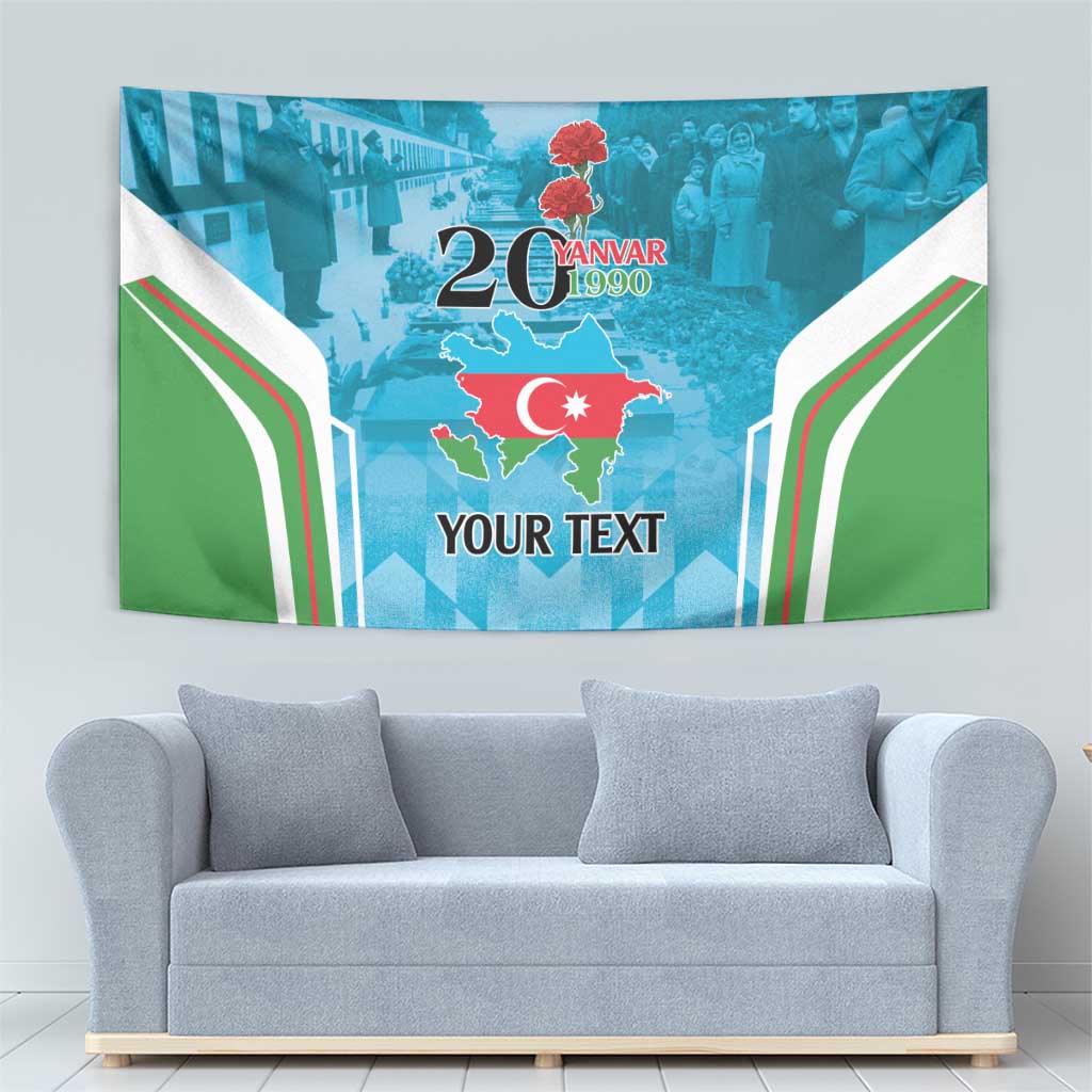 Personalized tapestry featuring 20 Yanvar 1990 banner, red flower accents and YOUR TEXT
