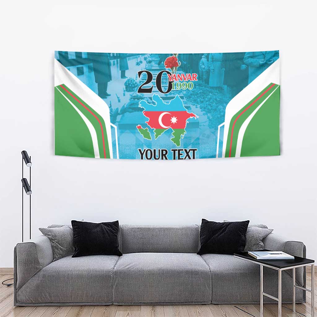Personalized tapestry close-up, blue-green design with 20 Yanvar 1990 and YOUR TEXT