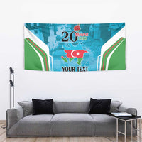 Personalized tapestry close-up, blue-green design with 20 Yanvar 1990 and YOUR TEXT