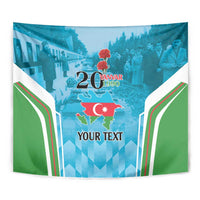Personalized tapestry, centered 20 Yanvar 1990 and YOUR TEXT on blue-green fabric